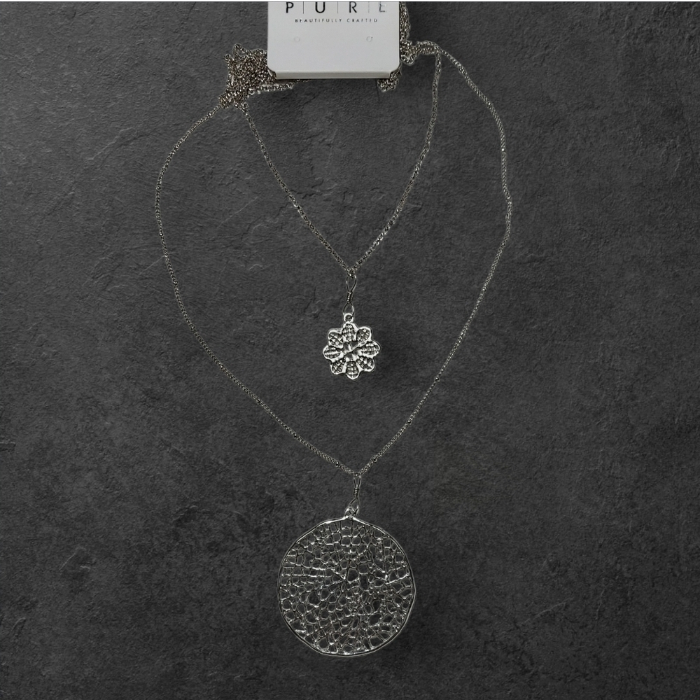NWT Pure For NADINE WEST Double Strand Silver Cut Out Necklace